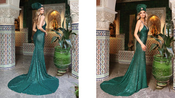  The model shows a front and back of the Midnight magic emerald gown by Alina Couture